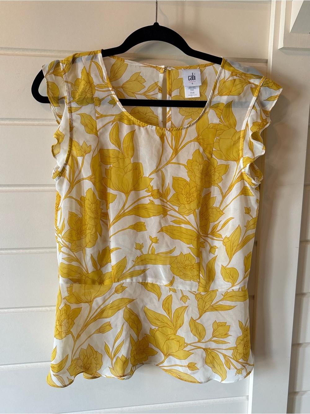 CAbi White and Yellow Floral Ruffle-Sleeve Blouse